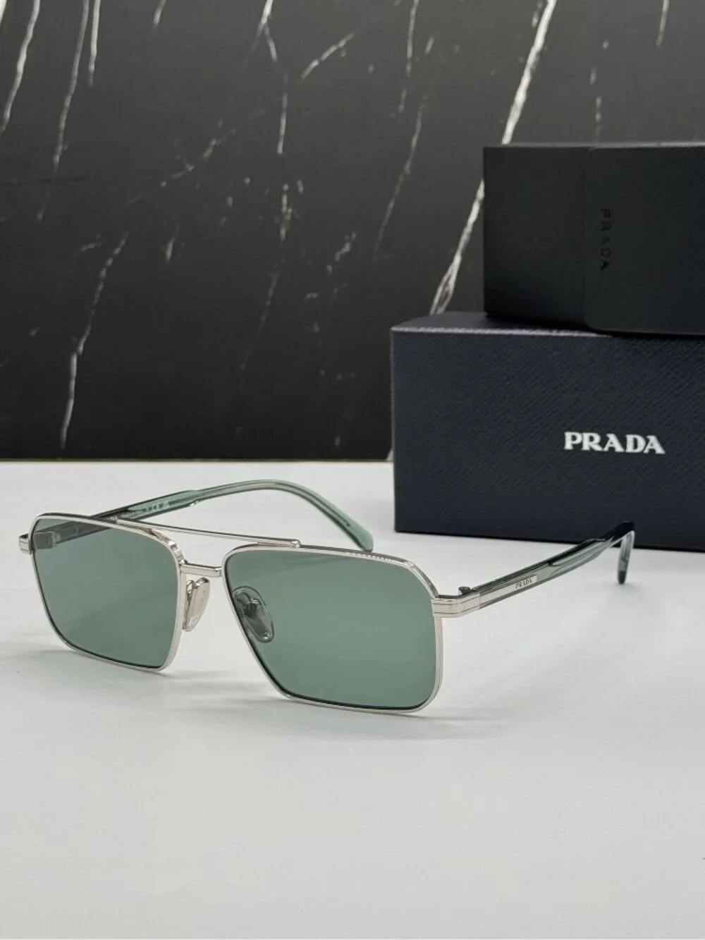 Prada PRA57S 1BC10G Unisex Square Silver Green Sunglasses Authentic NEW